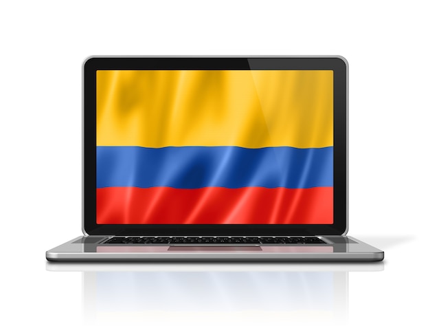 Bandiera della Colombia sullo schermo del computer portatile isolato su bianco. Rendering di illustrazione 3D.