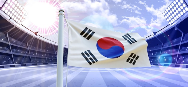 Bandiera della Corea del Sud Bandiera 3d su un campo di calcio