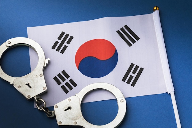 Bandiera della Corea del Sud e manette su uno sfondo blu concetto sul tema della criminalità nel paese