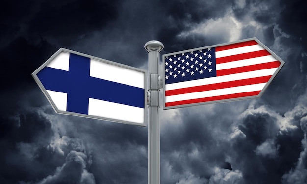 Bandiera della Finlandia e dell'America che si muove in direzioni diverse Rendering 3D