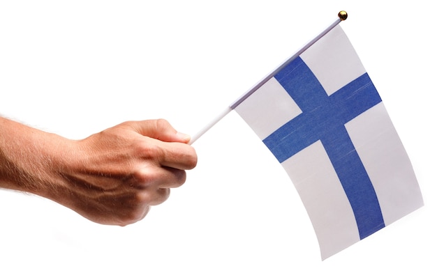 Bandiera della Finlandia piccolo in mano isolato.