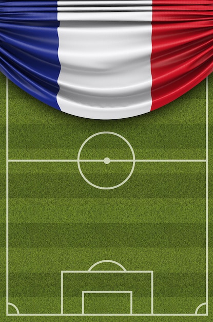 Bandiera della Francia drappeggiata su un campo da calcio Rendering 3D