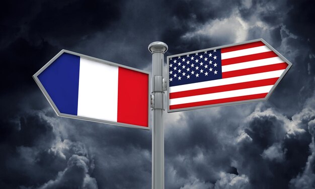 Bandiera della Francia e dell'America che si muove in direzioni diverse Rendering 3D