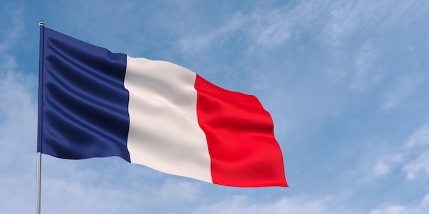 Bandiera della Francia sul pennone sullo sfondo del cielo blu Bandiera francese che sventola nel vento su uno sfondo di cielo con nuvole Posto per testo illustrazione 3d
