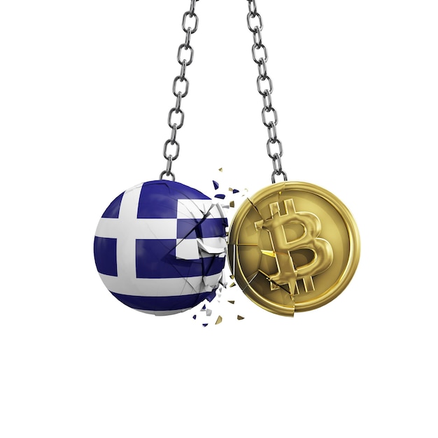 Bandiera della Grecia che si schianta in una moneta criptata bitcoin d'oro d rendering