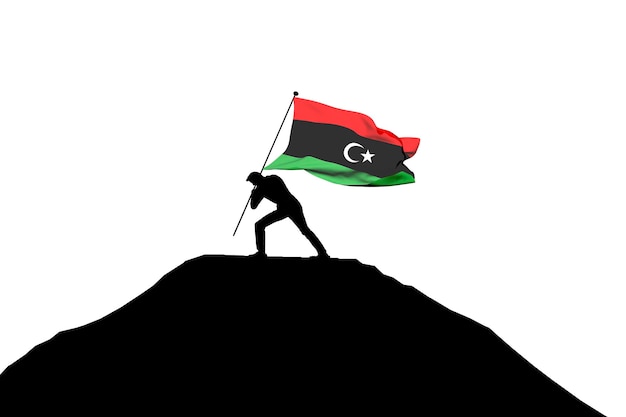 Bandiera della Libia spinta in cima alla montagna da un rendering 3D di silhouette maschile
