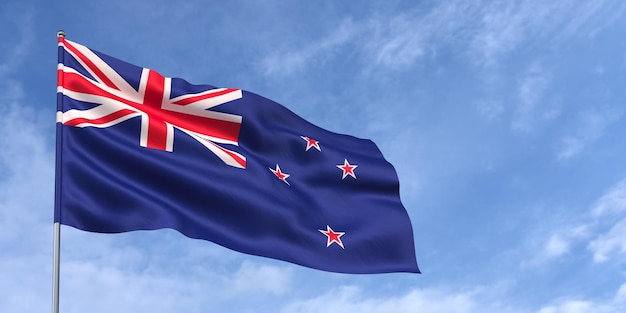 Bandiera della Nuova Zelanda sull'asta della bandiera sullo sfondo del cielo blu Bandiera della Nuova Zelanda che sventola nel vento su uno sfondo di cielo con nuvole bianche Posto per l'illustrazione 3d del testo