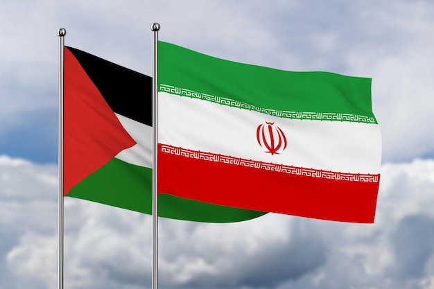 bandiera della Palestina e dell'Iran sullo sfondo del cielo illustrazione 3D