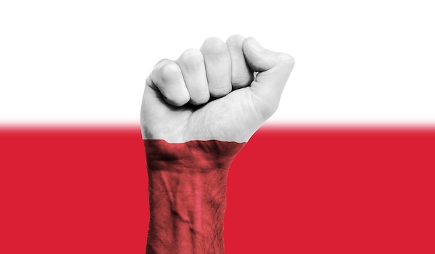 Bandiera della Polonia dipinta su un concetto di protesta della forza del pugno chiuso