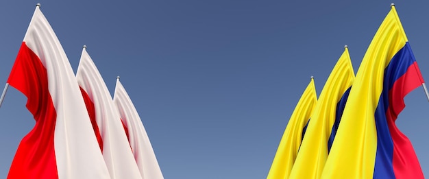 Bandiera della Polonia e della Colombia sui pennoni sui lati su sfondo blu Posto per il testo Sei bandiere polacca Varsavia Bogotà 3d illustrazione