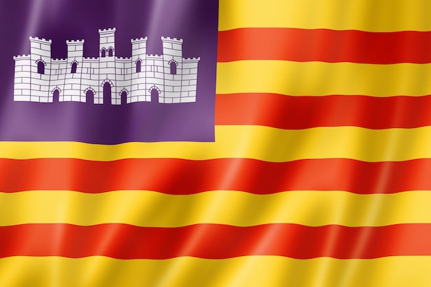 Bandiera della provincia delle Isole Baleari, Spagna sventolando la raccolta di banner. illustrazione 3D