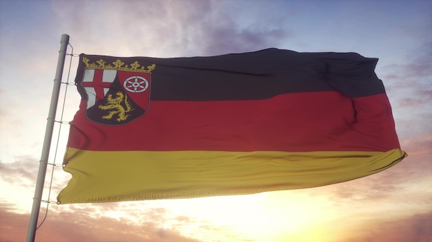 Bandiera della Renania Palatinato Germania sventola nel vento cielo e sole sfondo rendering 3d