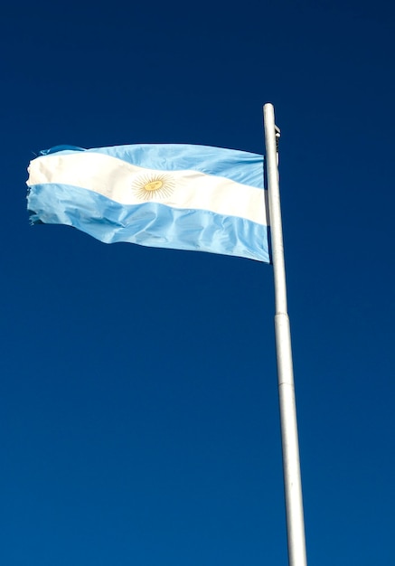 bandiera della Repubblica argentina che sventola verticalmente sul cielo blu