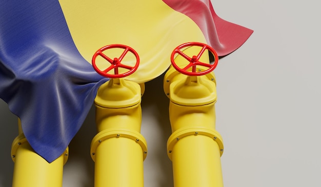 Bandiera della Romania che copre una linea di tubazioni del carburante per petrolio e gas Rendering 3D del concetto di industria petrolifera