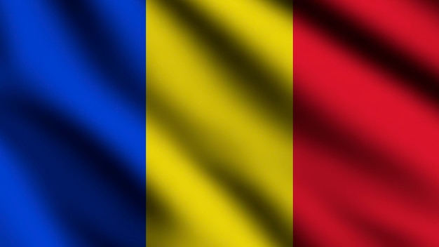Bandiera della Romania che soffia nel vento Illustrazione 3d della bandiera volante a pagina intera