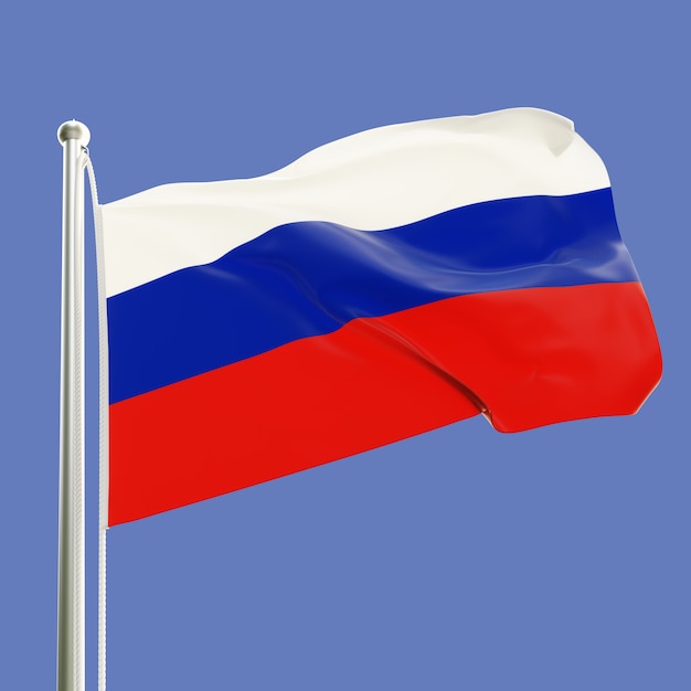 Bandiera della Russia sull'asta della bandiera che fluttua nel vento isolata sul fondo del cielo blu