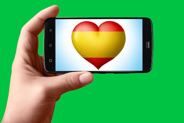 Bandiera della Spagna a forma di cuore sullo schermo del telefono Smartphone in mano mostra il cuore della bandiera sullo sfondo hromakey