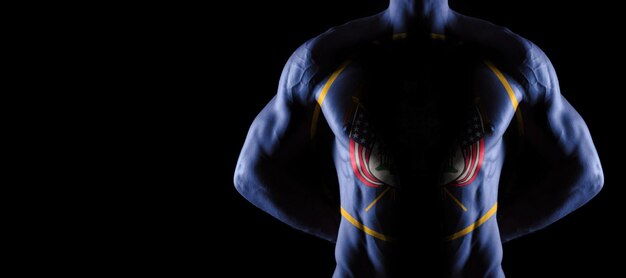 Bandiera dello Utah sul busto maschile muscoloso con addominali, concetto di bodybuilding dello Utah, sfondo nero