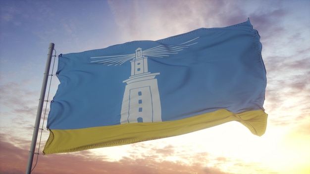 Bandiera di Alessandria, città d'Egitto, che fluttua nel vento, nel cielo e nello sfondo del sole. rendering 3D.