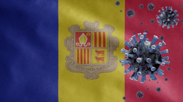 Bandiera di Andorra che sventola con il virus del microscopio del coronavirus