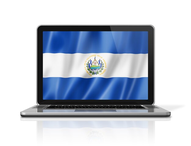 Bandiera di El Salvador sullo schermo del computer portatile isolato su bianco. Rendering di illustrazione 3D.