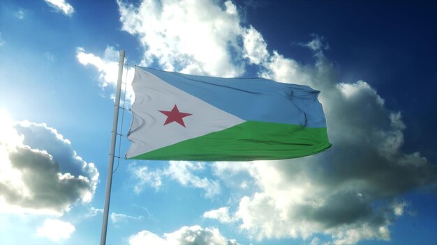 Bandiera di Gibuti che sventola al vento contro il bel cielo blu rendering 3d