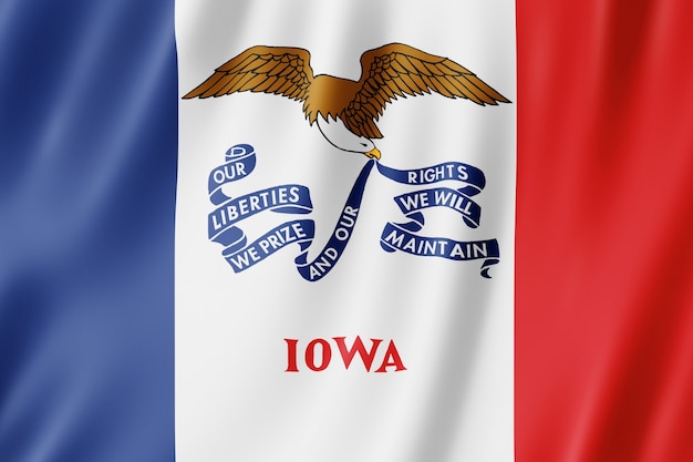 Bandiera di Iowa, stato degli Stati Uniti. Illustrazione 3D della bandiera Iowa agitando.