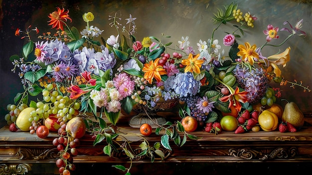 bandiera di natura morta artistica colorata a grande formato con fiori e frutta su un tavolo