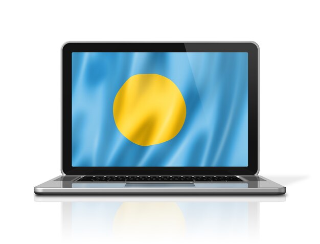 Bandiera di Palau sullo schermo del computer portatile isolato su bianco. Rendering di illustrazione 3D.