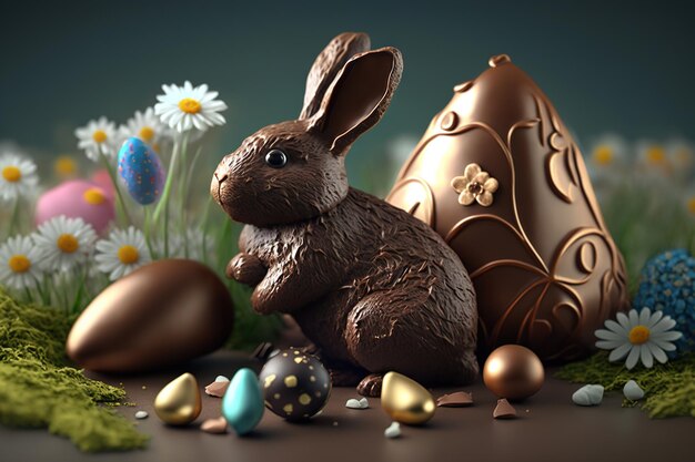 Bandiera di Pasqua 3d con conigli di cioccolato e belle uova dipinte. Concetto di caccia all'uovo di Pasqua