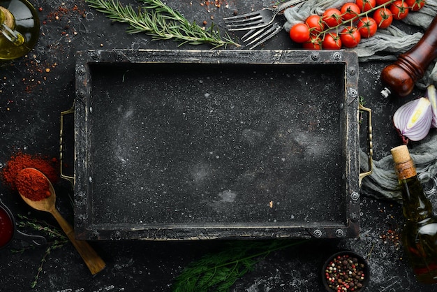 Bandiera di pietra nera della cucina Vista dall'alto spazio libero per il testo Stile rustico