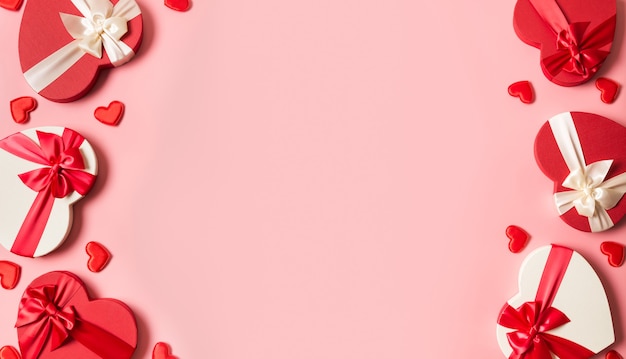 Bandiera di San Valentino di doni di cuori rossi su sfondo rosa.