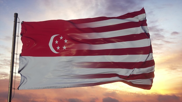 Bandiera di Singapore e Stati Uniti d'America sul pennone. Bandiera USA e Singapore che fluttua nel vento