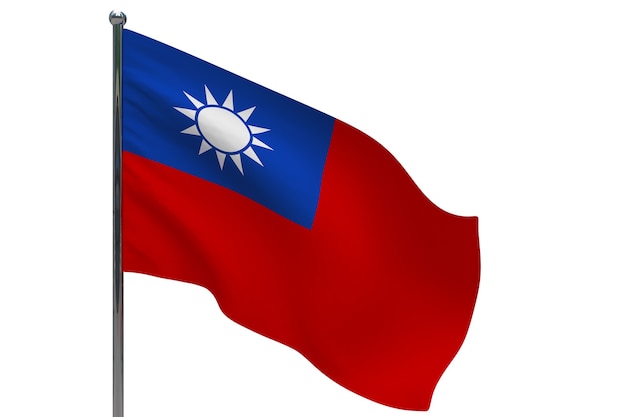 Bandiera di Taiwan in pole. Pennone in metallo. Bandiera nazionale di Taiwan 3D'illustrazione su bianco