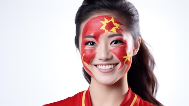 Bandiera dipinta sul viso con un occhio verde per mostrare il sostegno della Cina nelle partite sportive