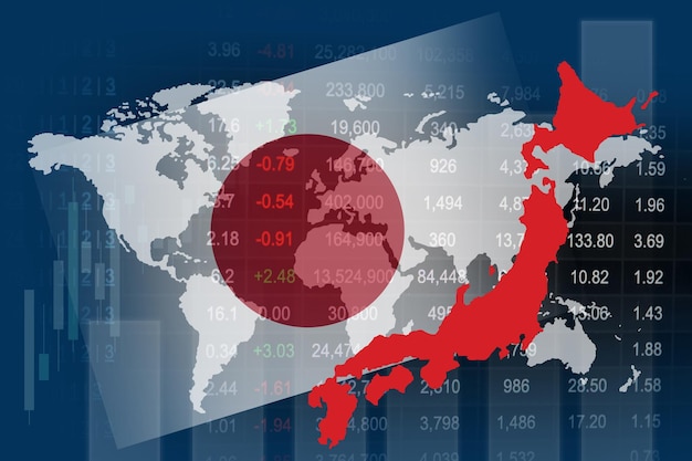 Bandiera e mappa del Giappone con borsa, finanza, economia, grafico di tendenza, tecnologia digitale