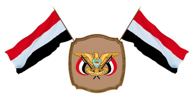 Bandiera e stemma dello Yemen Sfondo per editori e designer Illustrazione 3D della festa nazionale