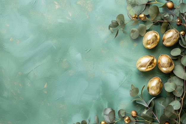 Bandiera festiva di Pasqua Modello orizzontale Mockup di primavera Uova d'Oro di Pasqua con rami di eucalipto