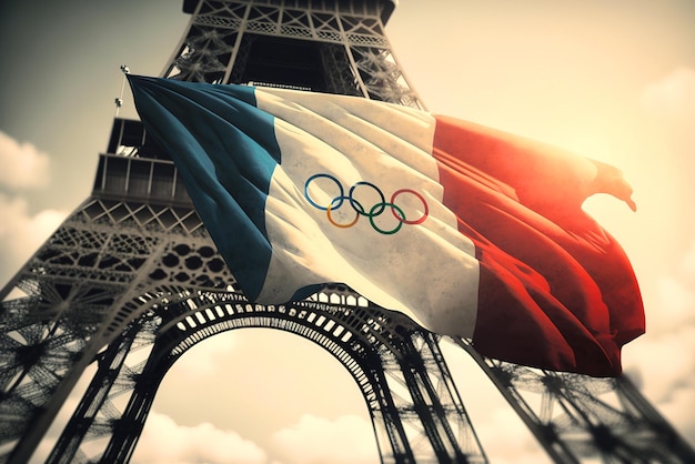 Bandiera francese con cinque anelli sui giochi olimpici della Torre Eiffel a Parigi IA generativa