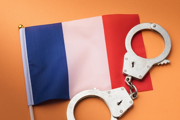 Bandiera francese e manette su sfondo colorato un concetto sul tema della criminalità nel paese