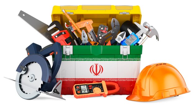 Bandiera iraniana dipinta sulla casella degli strumenti Servizio di riparazione e costruzione in Iran rendering 3D