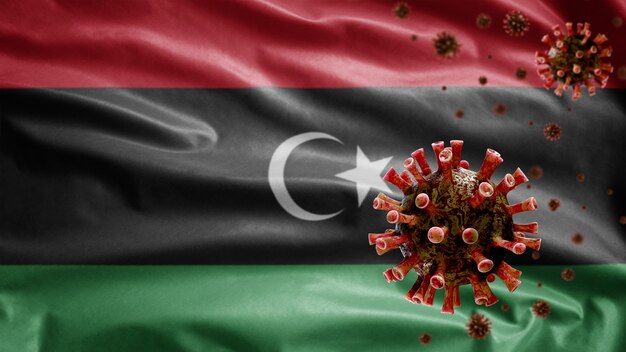 Bandiera libica sventola con focolaio di coronavirus che infetta le vie respiratorie come pericolosa influenza