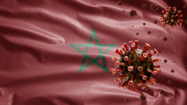 Bandiera marocchina sventola con focolaio di coronavirus che infetta il sistema respiratorio come pericolosa influenza