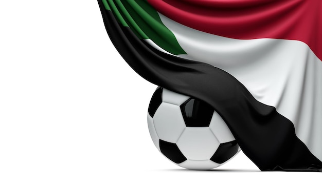 Bandiera nazionale del Sudan drappeggiata su un pallone da calcio Rendering 3D