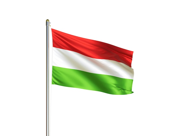 Bandiera nazionale dell'Ungheria che sventola su sfondo bianco isolato Illustrazione 3D della bandiera dell'Ungheria