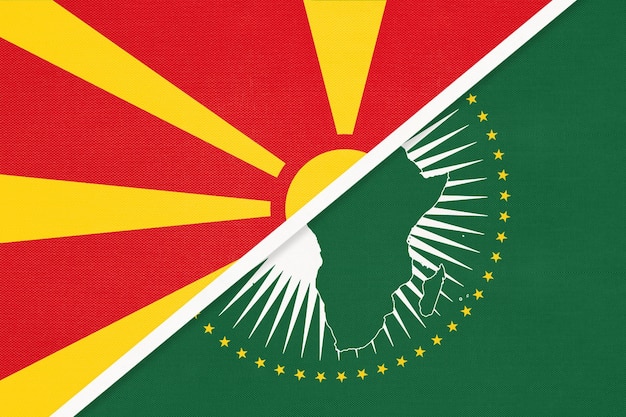 Bandiera nazionale dell'Unione africana e della Macedonia del Nord dal continente africano tessile rispetto al simbolo macedone