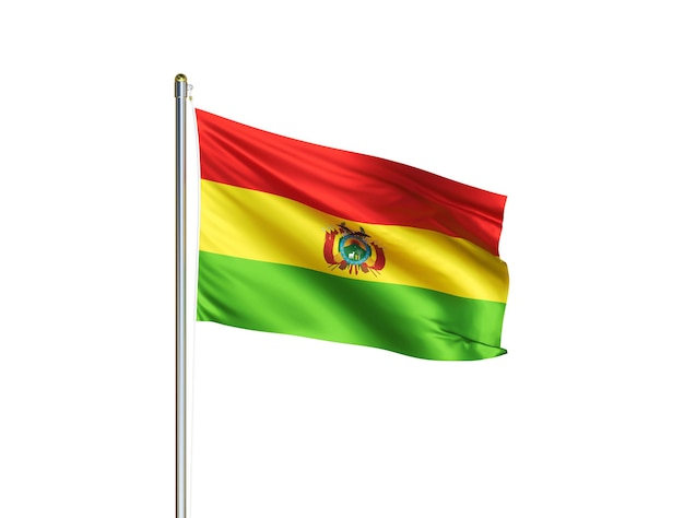 Bandiera nazionale della Bolivia che sventola su sfondo bianco isolato Illustrazione 3D della bandiera della Bolivia