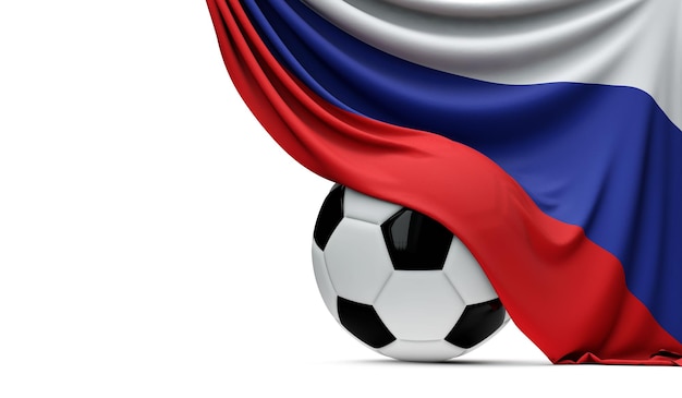 Bandiera nazionale della Russia drappeggiata su un pallone da calcio Rendering 3D