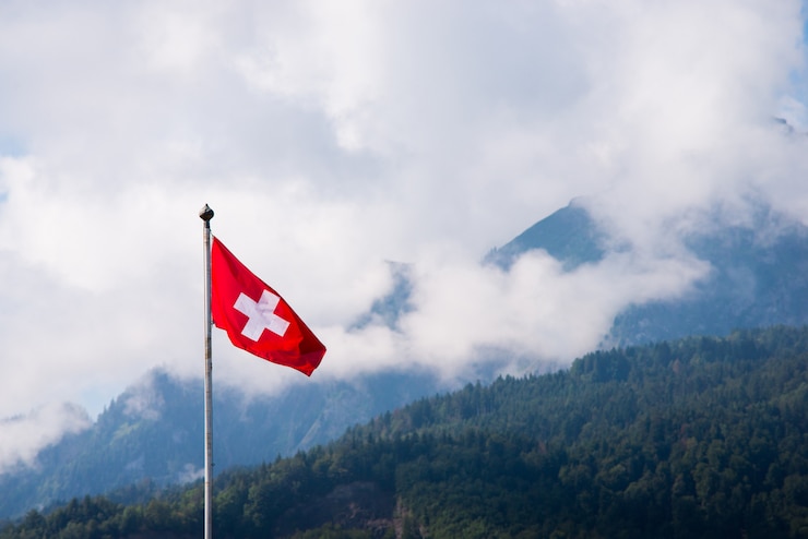 Foto bandiera nazionale della svizzera con le montagne