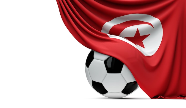 Bandiera nazionale della Tunisia drappeggiata su un pallone da calcio Rendering 3D